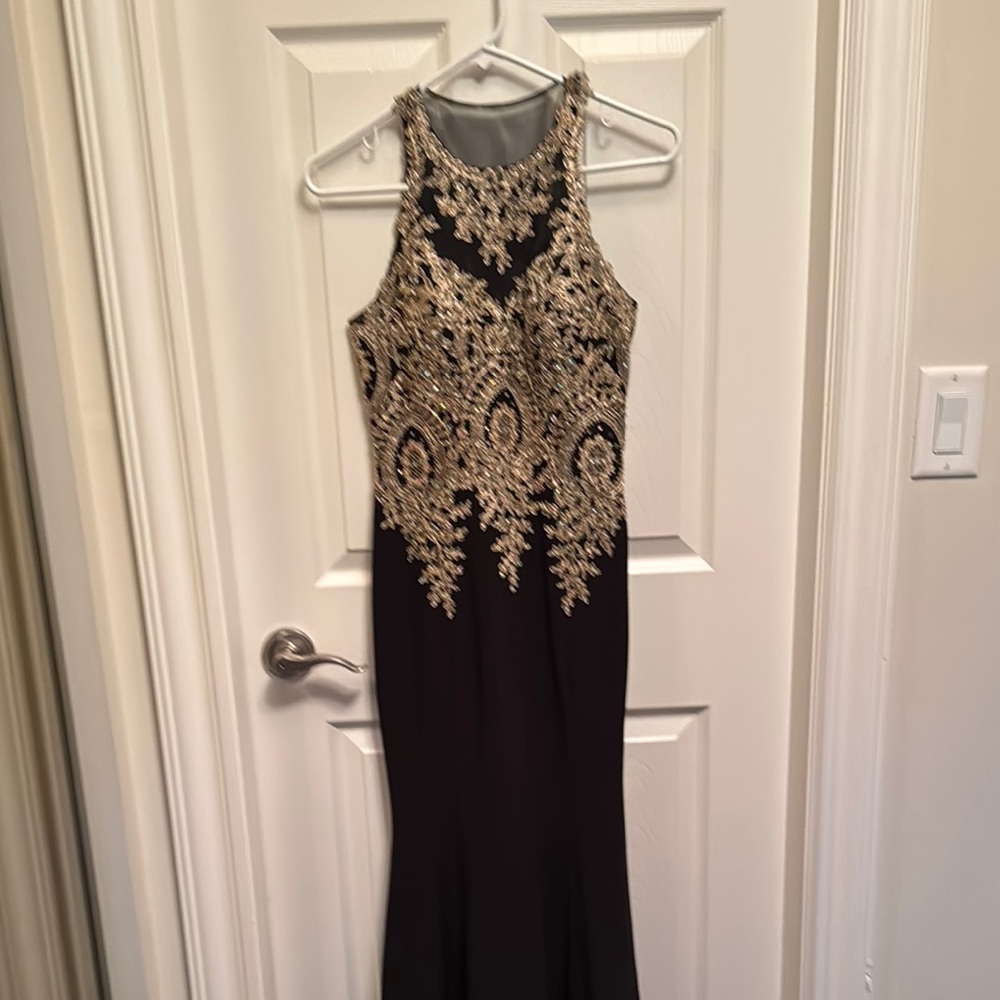 Xscape Black and Gold Prom Dress